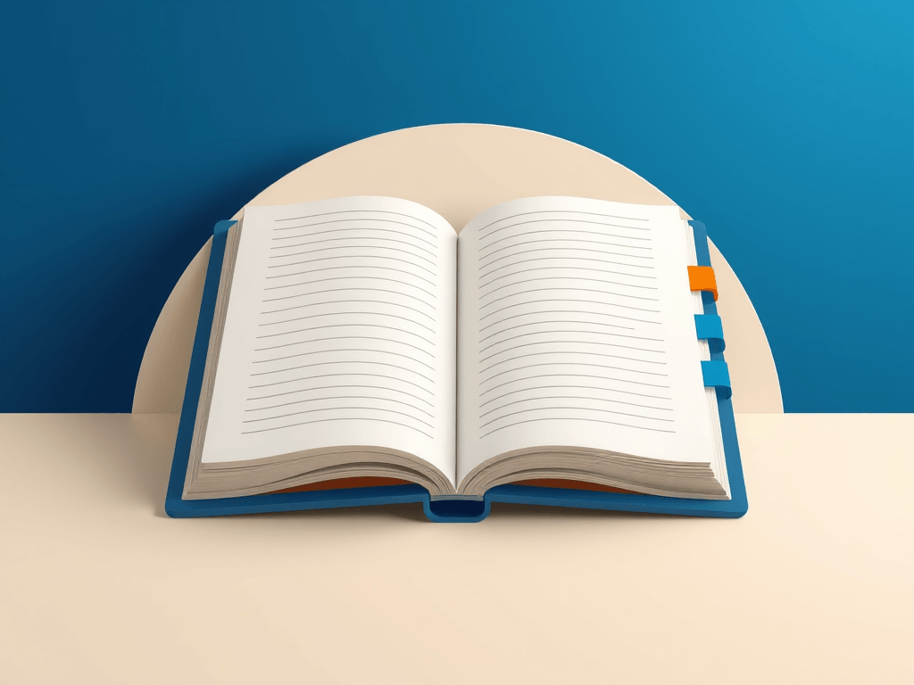 Stylized illustration of an open notebook with bookmark tabs